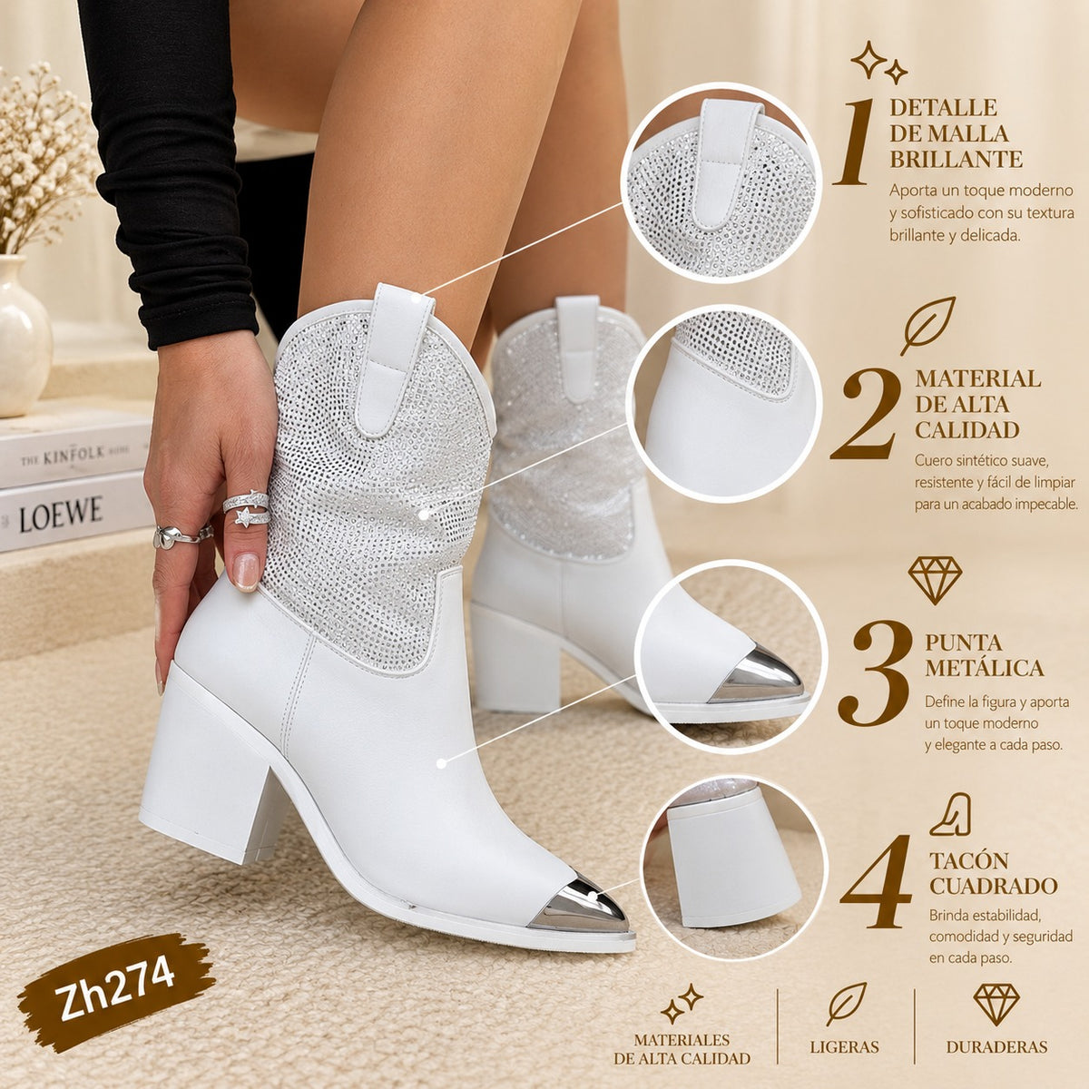 Botin texano blanco apliques brillante punta plateado tacon 8cm HX3177-C1209