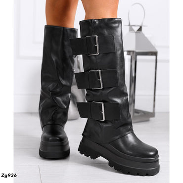 Bota caña alta negro doblez detalle correas plataforma 7cm RQF2 C-28