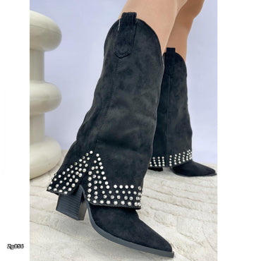 Bota texano negro doblez apliques plateado tacon 8cm A9612 C-3