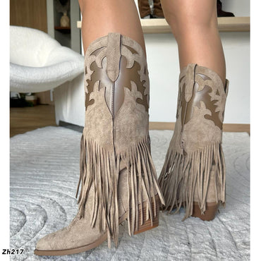Bota texana beige detalle flecos tacon 6cm A9851 C-90