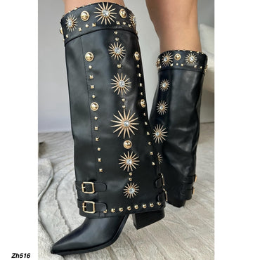 Bota texana negro doblez apliques dorado tacon 8cm HX3198-B0199