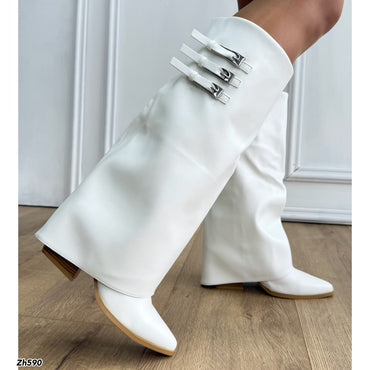 Bota texana blanco doblez broches plateado tacon 8cm HX3108-B0208