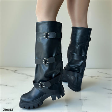 Bota caña alta negro doblez detalle correas suela 6cm 255-113