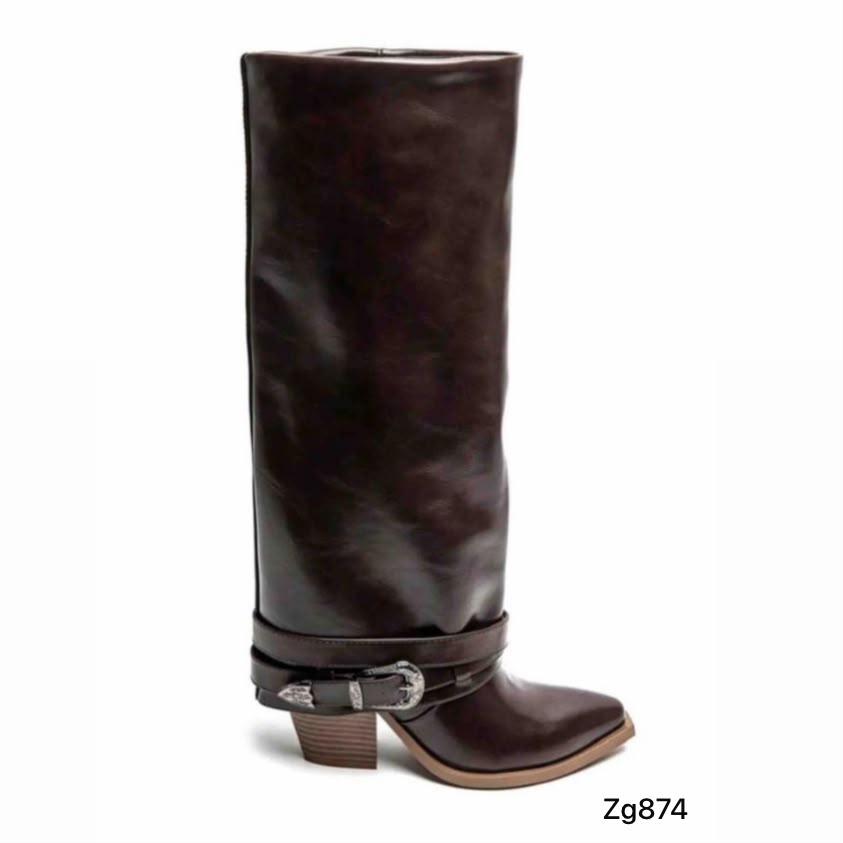 Bota texana caña alta cafe doblez correa tacon 8cm 7655A C-13
