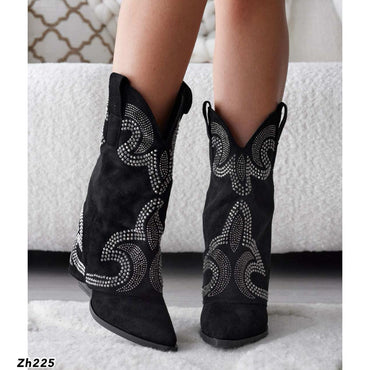 Bota texana negro doblez apliques plateado brillantes tacon 8cm A9589 C-83