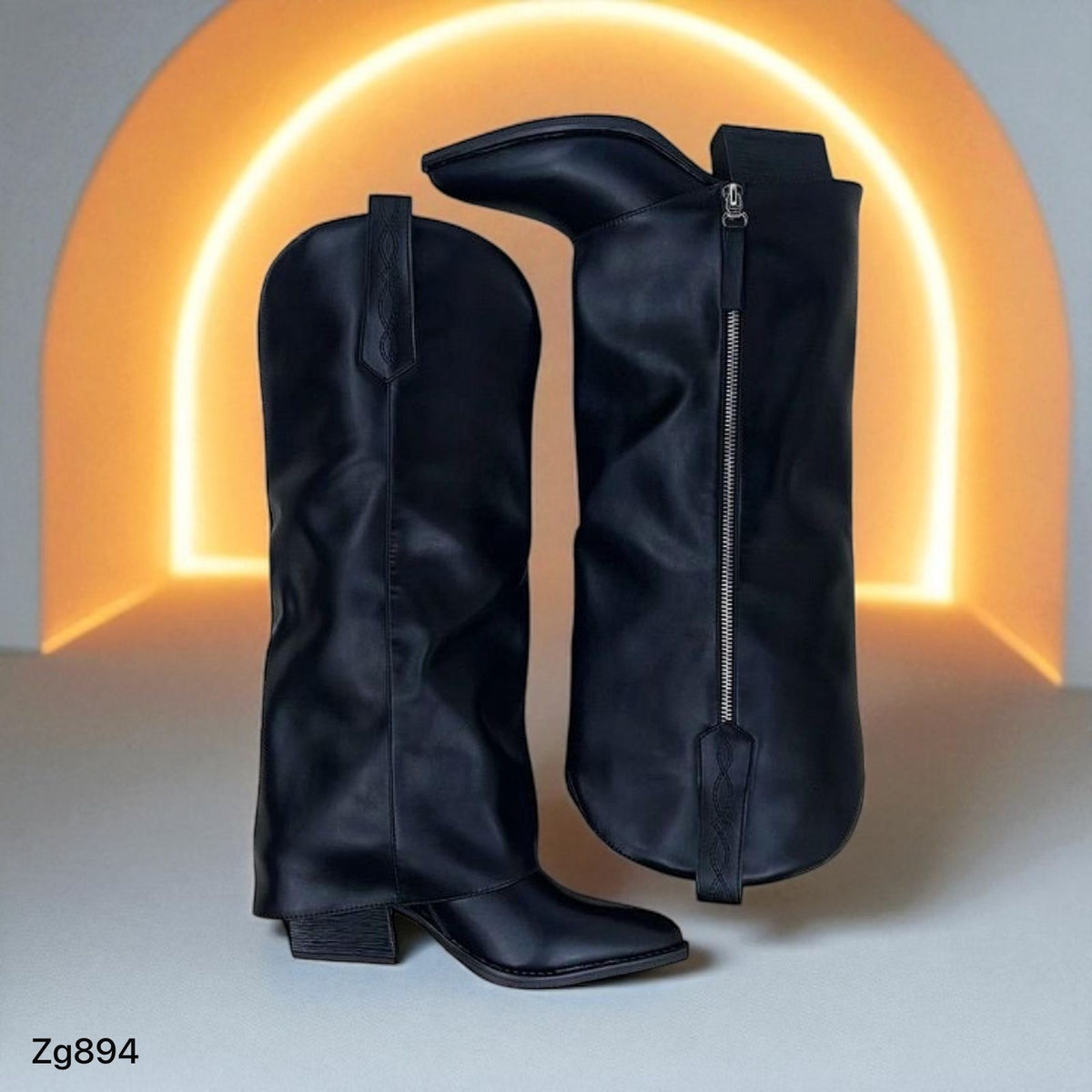 Bota texana negro doblez cierre plateado tacon 6cm D8235 C-16