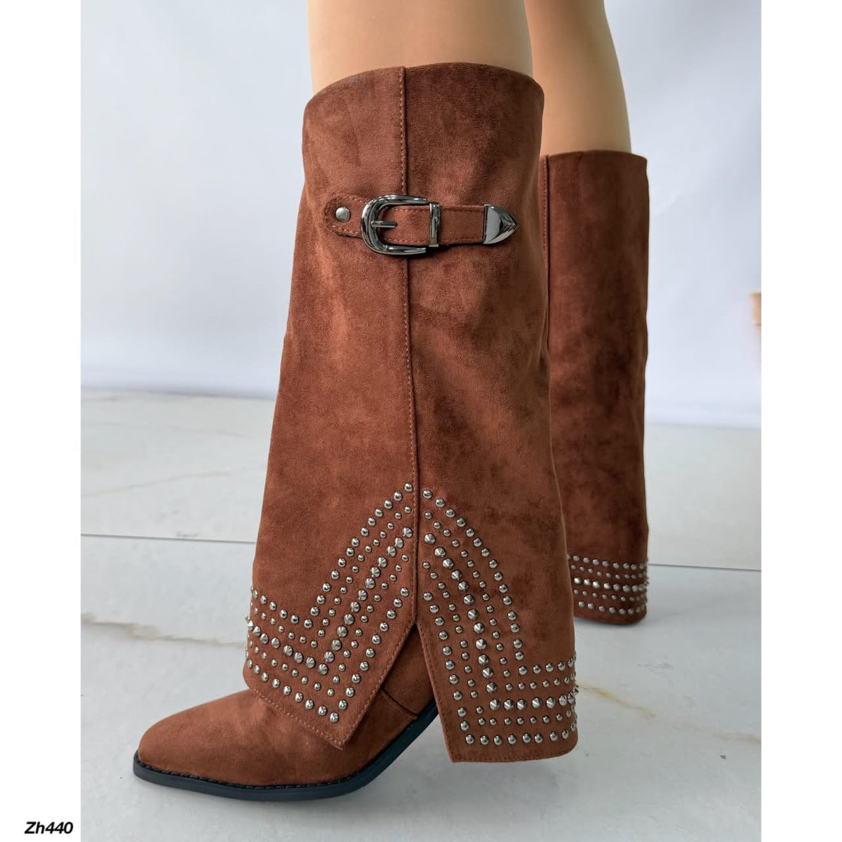 Bota texana café doblez apliques plateado tacon 8cm HX2997-B0140
