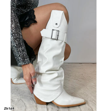 Bota texana blanco doblez detalle correa tacon 7cm 255-049