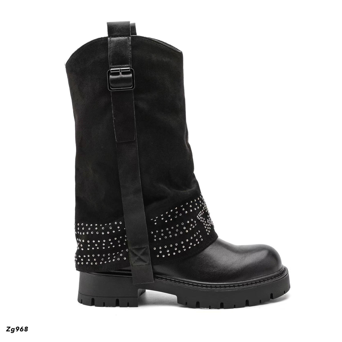 Bota negro doblez apliques plateado suela 4cm 5078 C-33