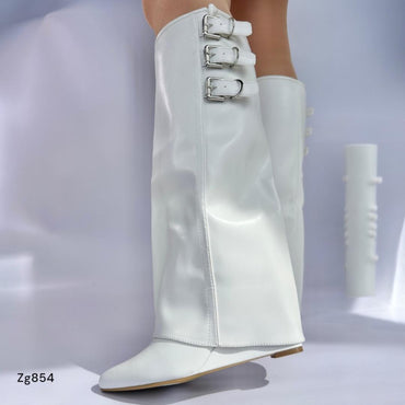 Bota blanco caña alta doblez detalle correas plataforma 8cm A9657 C-3