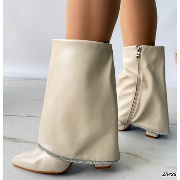 Botin beige doblez apliques brillante borde tacon 10cm HX3079-B0019