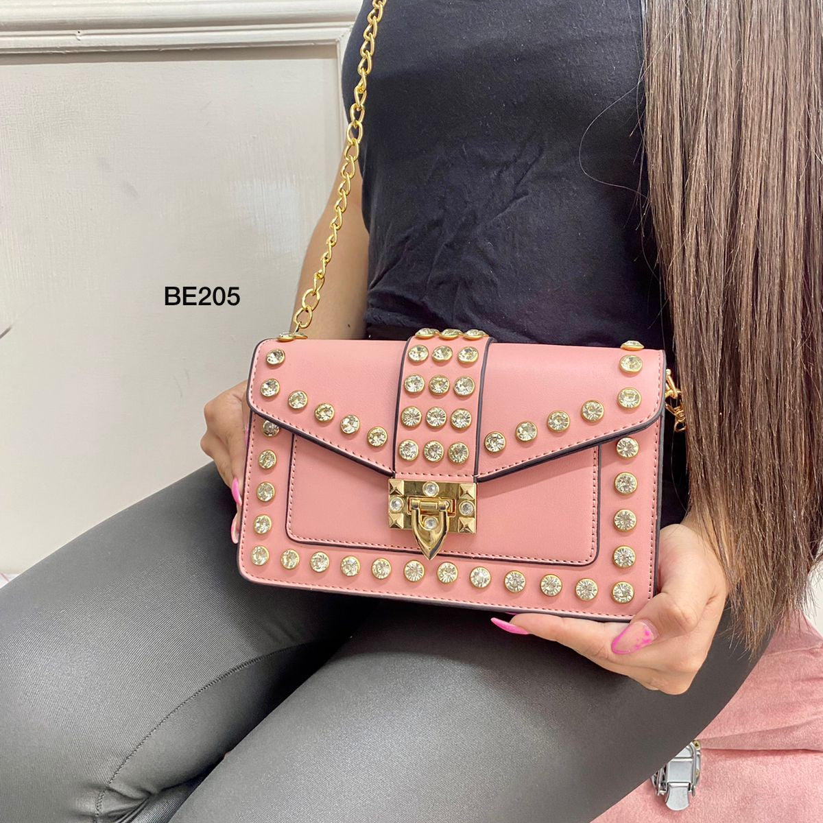 Bolso rosa apliques dorados piedras 20cm* 14cm 696 C-B