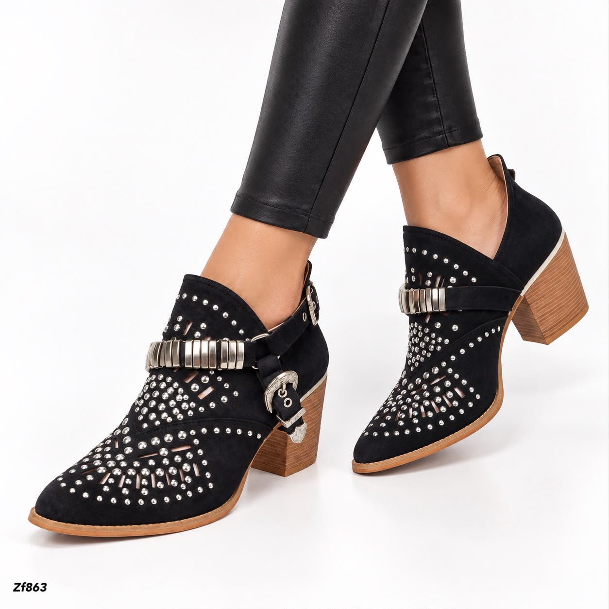 Botin negro apliques plateados correas tacon 7cm YZ19-192 C-64