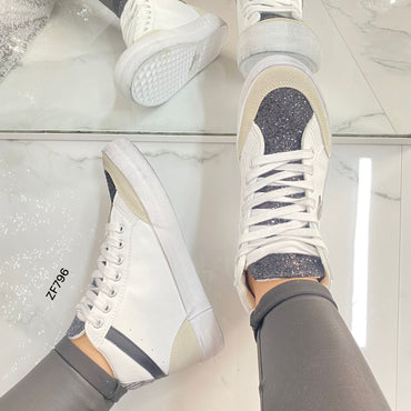 Tenis blanco apliques negros brillantes suela 2cm 1201 C-67