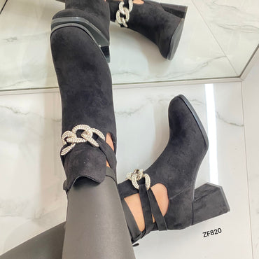 Botin negro aplique plateado brillante tacon 7cm RJX228 C-58