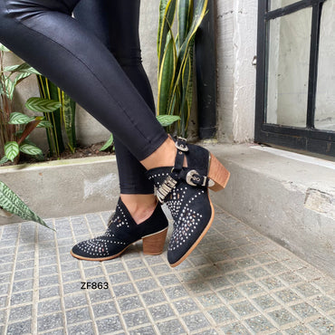 Botin negro apliques plateados correas tacon 7cm YZ19-192 C-64