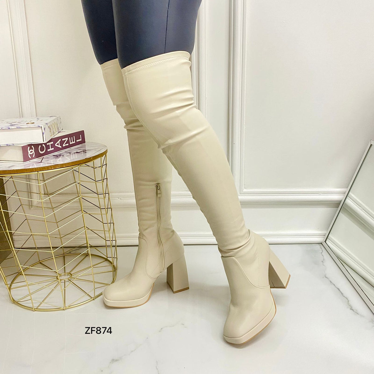 Bota caña alta beige tacon 10cm H8-202 C-63