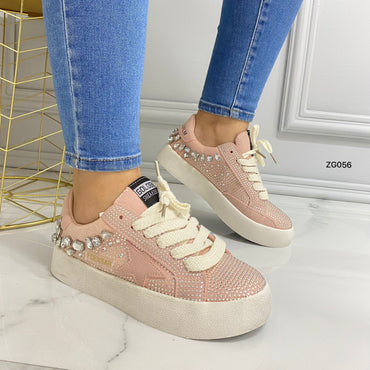 Tenis rosado apliques brillantes suela beige 3cm 9919 C-1