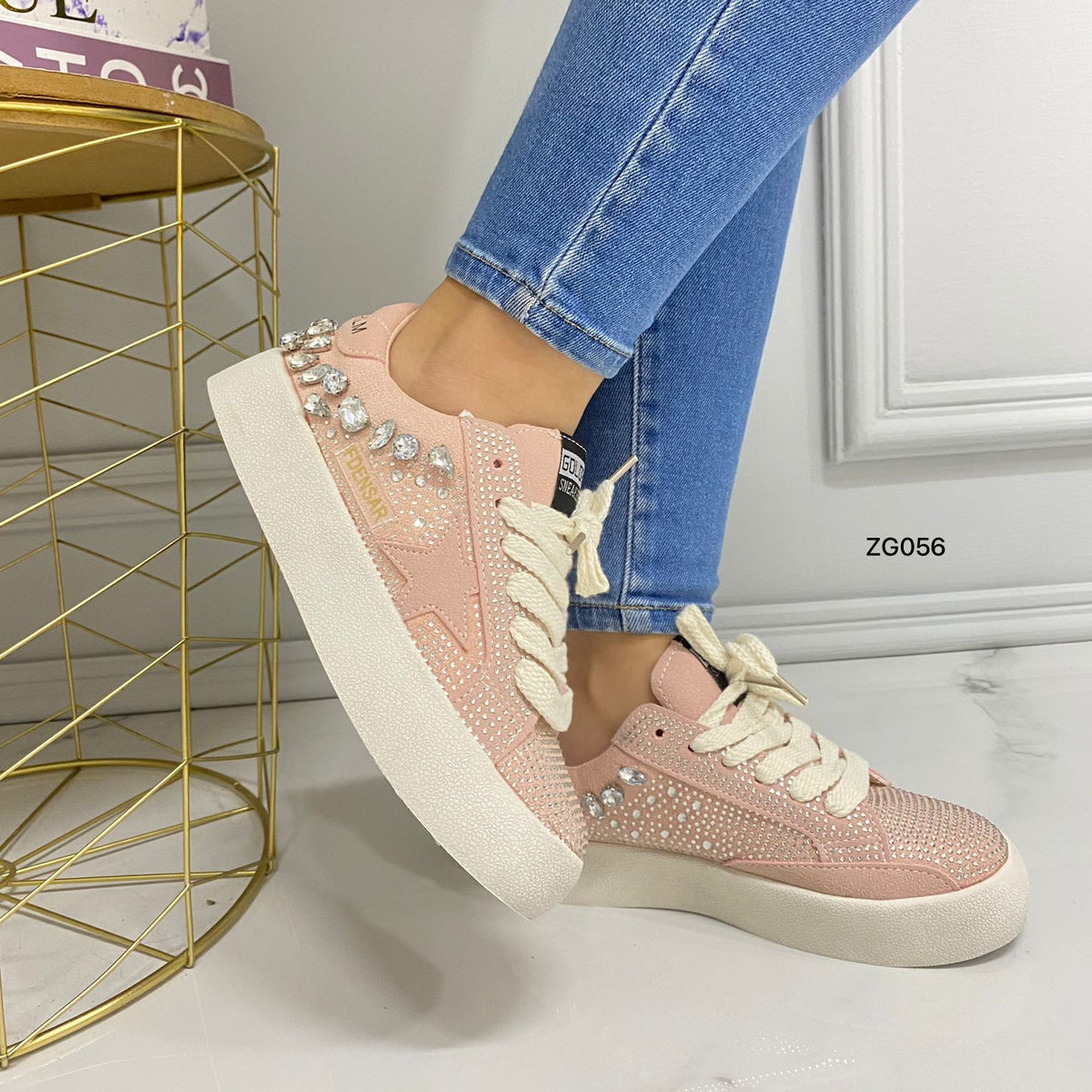Tenis rosado apliques brillantes suela beige 3cm 9919 C-1
