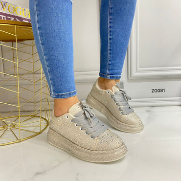 Tenis gris apliques brillantes suela 4cm TN07# C-1