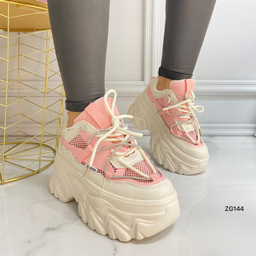 Tenis beige detalles rosado cordon apliques suela 6cm X-19 C-2