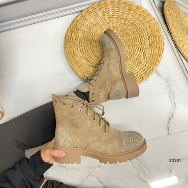 Botin beige apliques plateado brillantes tacon 4cm A9529 C-13
