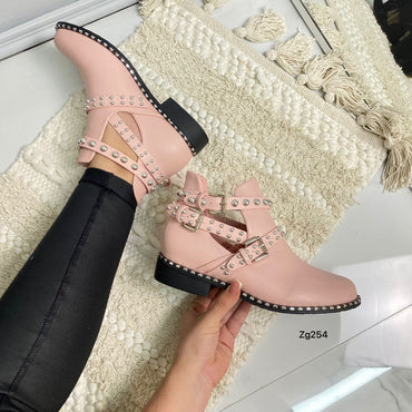 Botin rosado apliques plateado correas tacon 3cm 6078 C-21