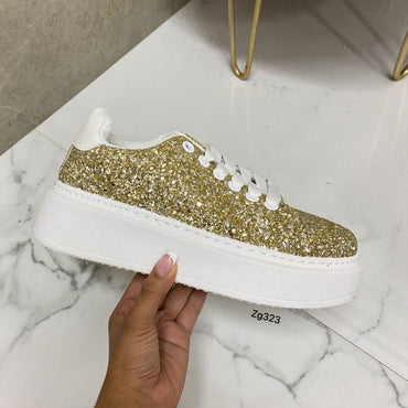 Tenis blanco apliques dorado suela 5cm 9290 C-36