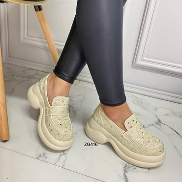 Mocasine beige apliques brillantes tornasol plataforma 6cm 2336 C-2