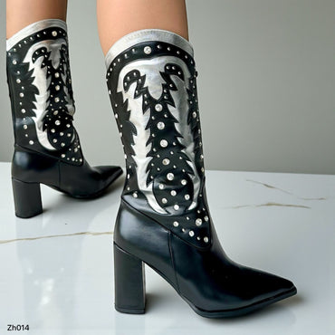 Bota texana negro detalles plateado apliques brillantes tacon 8cm HX3076-B9371