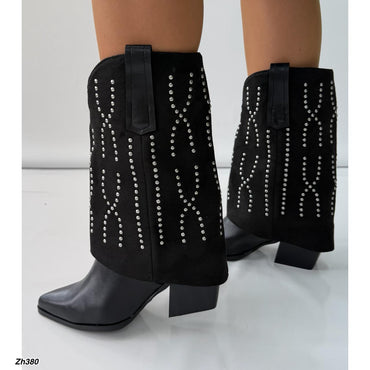Bota texana negro doblez apliques plateado tacon 8cm HX3108-C1297