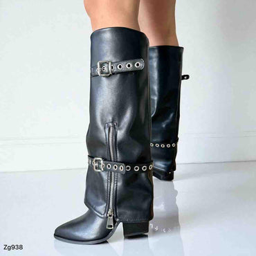 Bota texana negro doblez detalle correas y cierre plateado tacon 9cm KF6 C-28
