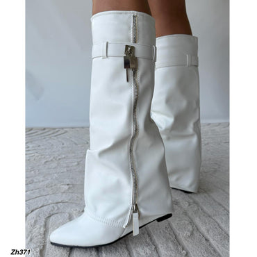 Bota caña alta blanco doblez detalle cierre lateral tacon corrido 8cm G690 C-108