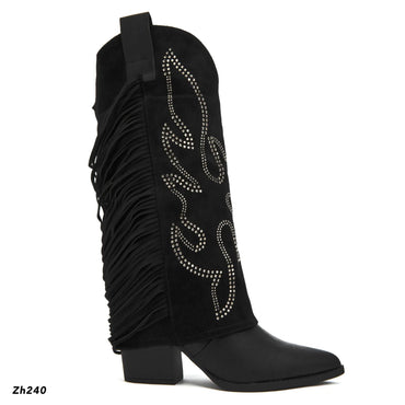 Bota texana negro doblez apliques plateado detalle flecos tacon 7cm M-830 C-81