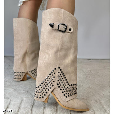 Bota texana beige doblez apliques plomo tacon 9cm 255-040