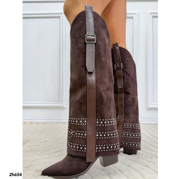 Bota texana café doblez apliques plateado tacon 8cm HX3198-B0204