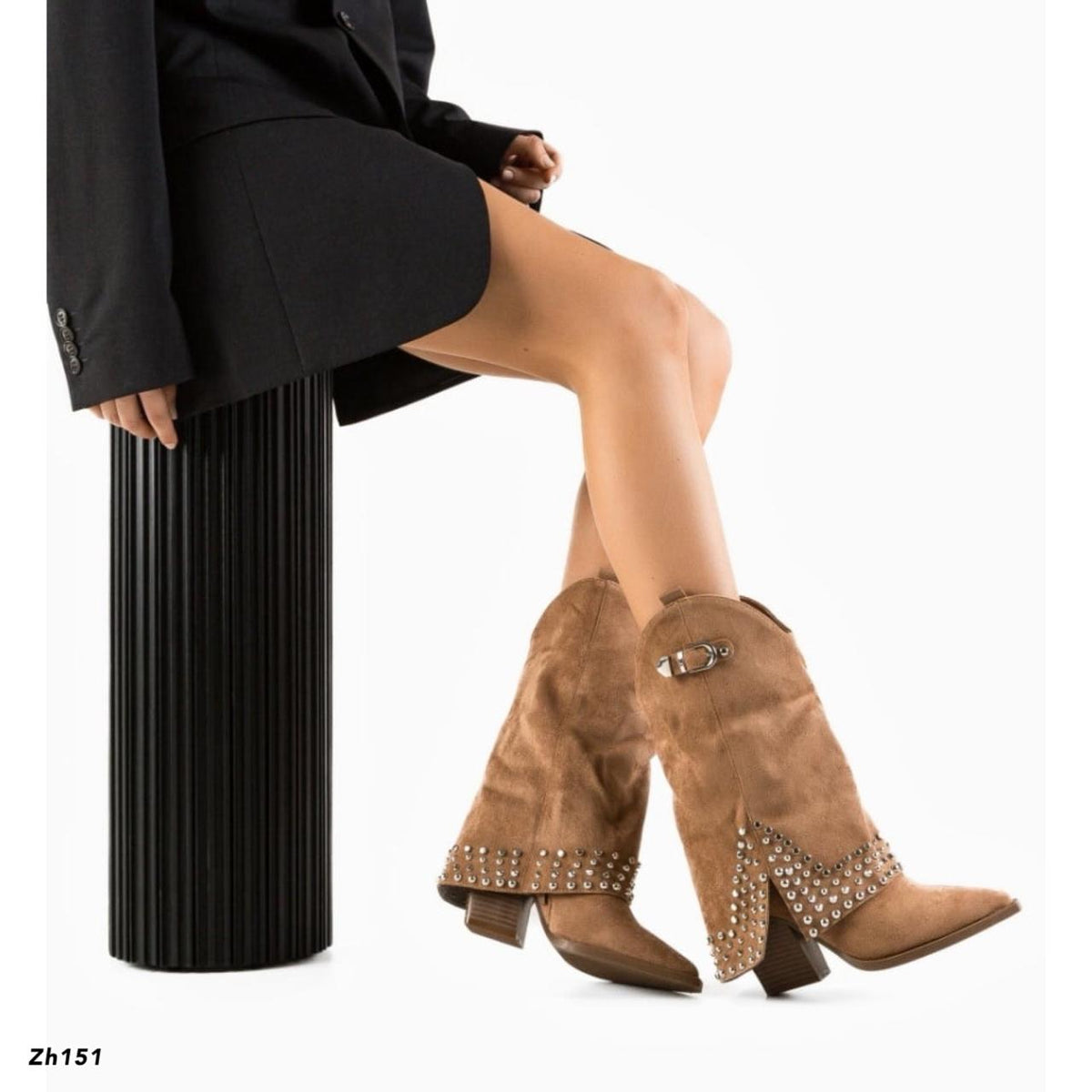 Bota texana café doblez apliques plateado tacon 7cm RXJ-283 C-75