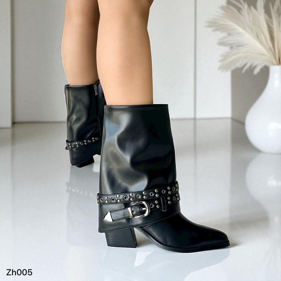 Botin texano negro doblez correas apliques plomo tacon 8cm HX2997-B9367