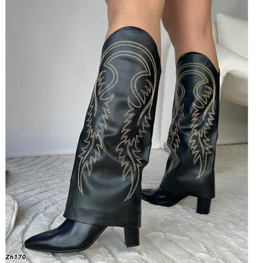 Bota texana negro doblez detalles tacon 8cm 255-061