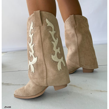 Bota texana beige doblez detalles apliques plateado tacon 7cm HX2693-C1634