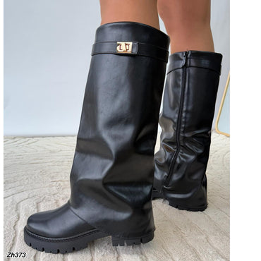 Bota caña alta negro doblez detalle dorado suela 4cm SM576 C-129