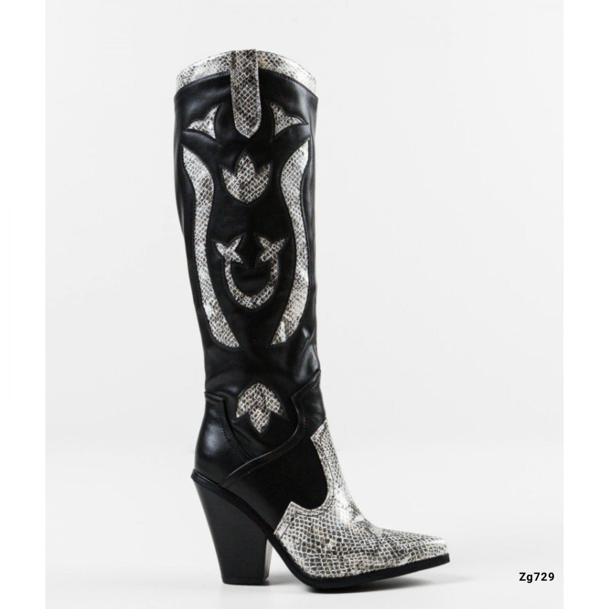 Bota texana negro detalle textura plateado tacon 10cm B9032 C-74