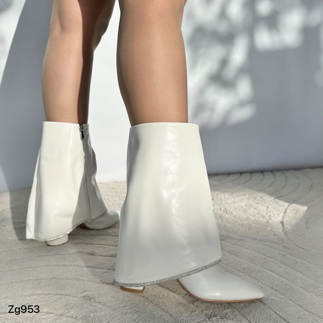 Botin blanco doblez borde plateado tacon 8cm 255-021