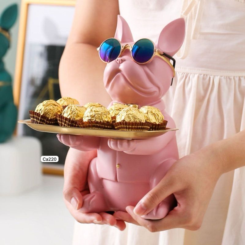 Articulo decorativo perro sentado rosa bandeja en las manos 24cm* 19cm* 20cm