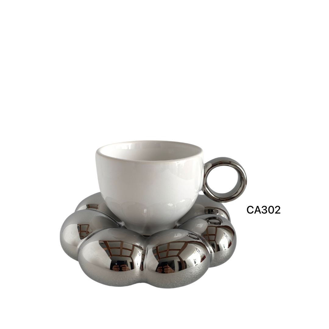 Taza plato burbuja plateado-blanco ceramica
