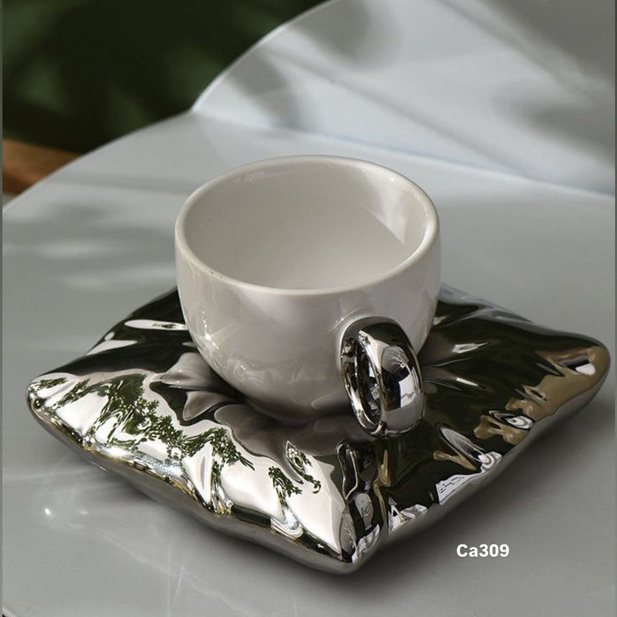 Taza plato cojin plateado-blanco ceramica 220ml