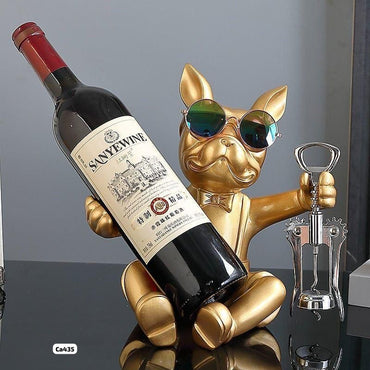 Articulo decorativo porta vino perro dorado sentado 25cm* 18cm* 21cm