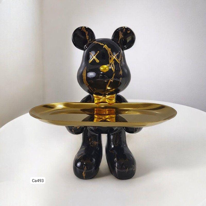 Articulo decorativo oso negro parado detalles dorados bandeja 10cm* 12cm* 21cm
