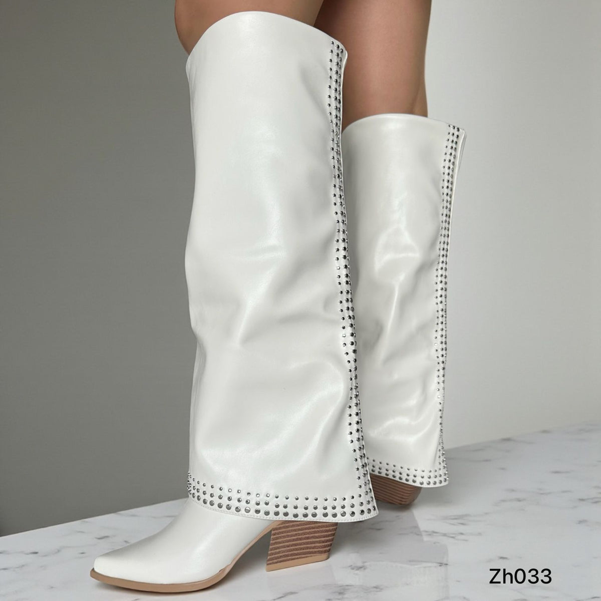 Bota texana blanco doblez apliques plateado tacon 7cm 255-024