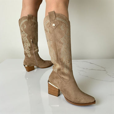 Bota texana cafe apliques dorado tacon 6cm 1986-19 C-40